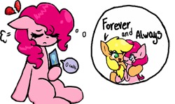 Size: 1073x637 | Tagged: safe, artist:toridesori, applejack, pinkie pie, earth pony, pony, g4, cellphone, duo, female, floppy ears, heartbreak, lesbian, old art, phone, sad, ship:applepie, shipping, simple background, smartphone, song reference, thought bubble, transparent background