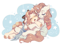 Size: 2184x1585 | Tagged: safe, artist:ls_skylight, oc, oc only, earth pony, pony, unicorn, blushing, commission, duo, duo female, earth pony oc, eyes closed, female, freckles, horn, hug, mare, pillow, sleeping, unicorn oc, ych result