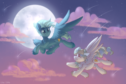Size: 4464x3000 | Tagged: safe, artist:lilclim, sky stinger, vapor trail, pegasus, pony, g4, top bolt, chest fluff, cloud, cute, duo, eyes closed, eyes open, female, fluffy, flying, full background, full body, full moon, high res, male, mare, moon, night, night sky, romantic, ship:vaporsky, shipping, shooting star, sky, sky background, sparkles, stallion, stars, straight