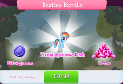 Size: 1268x860 | Tagged: safe, gameloft, rainbow dash, pegasus, pony, g4, my little pony: magic princess, besties bundle, bundle, costs real money, english, female, filly, filly rainbow dash, foal, gem, magic coins, mare, mobile game, numbers, sale, solo, spread wings, text, wings, younger