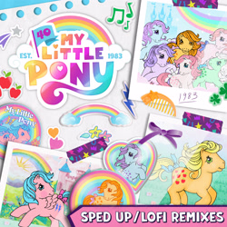 Size: 3000x3000 | Tagged: safe, applejack (g1), blossom, blue belle, butterscotch (g1), cotton candy (g1), firefly, minty (g1), snuzzle, earth pony, pegasus, pony, g1, official, 40th anniversary, album cover, cloud, dream castle, dream valley, female, flower, high res, lofi, mare, my little pony logo, paper, photo, rainbow, sun, text