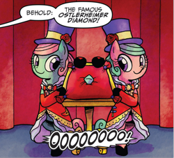 Size: 760x691 | Tagged: safe, idw, official comic, miss direction, peppers ghost, pony, g4, spoiler:comic, spoiler:comic21, bipedal, diamond, female, hat, mare
