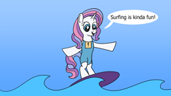 Size: 1920x1080 | Tagged: safe, artist:platinumdrop, potion nova, g4, g4.5, my little pony: pony life, blue background, clothes, g4.5 to g4, generation leap, gradient background, request, solo, speech, speech bubble, surfing, swimsuit, talking
