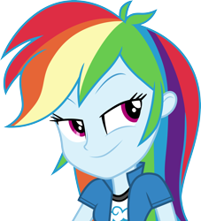 Size: 3000x3311 | Tagged: safe, artist:cloudy glow, rainbow dash, human, equestria girls, g4, my little pony equestria girls: friendship games, .ai available, clothes, collar, female, head tilt, high res, shirt, simple background, smiling, smirk, solo, t-shirt, teenager, transparent background, vector