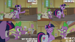 Size: 2000x1125 | Tagged: safe, edit, edited screencap, editor:quoterific, screencap, dusty pages, mr. waddle, spike, twilight sparkle, alicorn, dragon, earth pony, pony, g4, the point of no return, bag, drum kit, drums, guitar, musical instrument, saddle bag, trumpet, twilight sparkle (alicorn), winged spike, wings