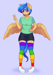 Size: 2077x2933 | Tagged: safe, artist:skysorbett, artist:vetta, oc, oc only, oc:eclair winglain, pegasus, anthro, blue background, clothes, collarbone, high res, partially open wings, rainbow socks, simple background, socks, solo, sternocleidomastoid, stockings, striped socks, thigh highs, wings