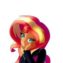 Size: 1200x1200 | Tagged: safe, artist:andromedasparkz, sunset shimmer, human, equestria girls, g4, clothes, female, hand on face, humanized, jacket, leather, leather jacket, simple background, solo, white background