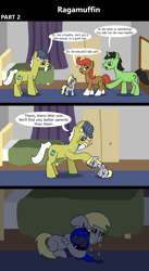Size: 1920x3516 | Tagged: safe, artist:platinumdrop, derpy hooves, princess luna, oc, oc:anon, oc:anon stallion, earth pony, pegasus, pony, unicorn, comic:ragamuffin, g4, 3 panel comic, alone, annoyed, avoiding eye contact, bed, bedroom, blank flank, blanket, comic, commission, crying, cuddling, curtains, dark room, depressed, dialogue, dresser, ears back, elderly, female, filly, filly derpy, floppy ears, foal, frown, hat, head pat, indoors, looking away, lying down, male, mare, married couple, open mouth, orphan, orphanage, pat, plushie, ponyville, prone, ragamuffin, raised hoof, rejected, rejection, room, sad, sitting, speech bubble, spread wings, stallion, talking, tears of sadness, wings, wings down, younger