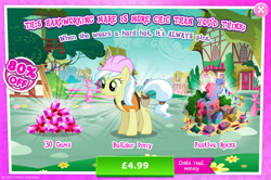 Size: 1961x1302 | Tagged: safe, gameloft, ambrosia, cindy block, earth pony, pony, g4, my little pony: magic princess, advertisement, bush, clothes, costs real money, english, female, gem, hard hat, hat, introduction card, mare, mobile game, numbers, sale, solo, text, vest