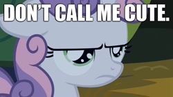 Size: 1920x1080 | Tagged: safe, edit, edited screencap, screencap, sweetie belle, pony, unicorn, g4, sisterhooves social, annoyed, caption, cute, frown, i'm not cute, image macro, solo, sweetie belle is not amused, talking to viewer, text, tsundere, unamused