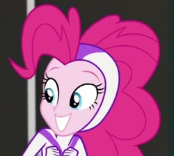 Size: 720x644 | Tagged: safe, screencap, fili-second, pinkie pie, human, equestria girls, equestria girls specials, g4, my little pony equestria girls: movie magic, cute, diapinkes, eyebrows, female, fist, grin, power ponies, smiling, solo, superhero costume