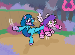 Size: 1113x818 | Tagged: safe, artist:author92, izzy moonbow, pipp petals, pegasus, pony, unicorn, g5, breath, fight, gi, karate, kick, kicking, martial arts, quadrupedal, sparring, spread wings, wings