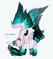 Size: 3567x4000 | Tagged: safe, artist:dreamyrat, oc, oc only, pegasus, pony, accessory, black mane, blue eyes, blue mane, bracelet, butt, choker, collar, colored wings, dialogue, female, jewelry, looking at you, mare, open mouth, pegasus oc, piercing, plot, simple background, solo, spread wings, standing, tail, talking to viewer, two toned mane, two toned tail, two toned wings, white background, wings, yellow eyes