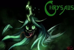 Size: 1280x853 | Tagged: safe, artist:mtapartstuff, queen chrysalis, changeling, changeling queen, g4, 2018, female, glowing, glowing eyes, long tongue, looking at you, magic, open mouth, signature, solo, tongue out