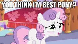 Size: 1280x720 | Tagged: safe, edit, edited screencap, screencap, sweetie belle, pony, unicorn, for whom the sweetie belle toils, g4, bed, best pony, blushing, caption, carousel boutique, cute, image macro, open mouth, open smile, smiling, solo, text
