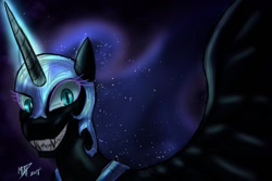 Size: 1280x853 | Tagged: safe, artist:mtapartstuff, nightmare moon, alicorn, pony, g4, 2018, female, grin, looking at you, magic, mare, signature, smiling, smiling at you