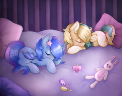 Size: 3255x2550 | Tagged: safe, artist:kirari_chan, oc, oc only, bat pony, pegasus, pony, rabbit, advertisement, animal, baby, baby pony, bat pony oc, bat wings, bed, bedroom, commission, commission info, commissions open, complex background, cute, duo, duo female, female, filly, foal, full body, high res, lying, lying down, maracas, musical instrument, oc x oc, pacifier, pegasus oc, pillow, plushie, shipping, sleeping, sleepy, toy, wings