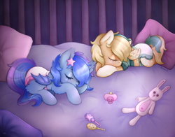 Size: 3255x2550 | Tagged: safe, artist:kirari_chan, oc, oc only, oc:astral flare, oc:sun light, bat pony, pegasus, pony, rabbit, advertisement, animal, baby, baby pony, bat pony oc, bat wings, bed, bedroom, bedwetting, canon x oc, commission, commission info, commissions open, cute, diaper, diaper fetish, duo, duo female, female, fetish, filly, foal, folded wings, high res, lying, lying down, maracas, musical instrument, pacifier, pegasus oc, pegasus wings, pillow, plushie, sleeping, sleepy, toy, wings