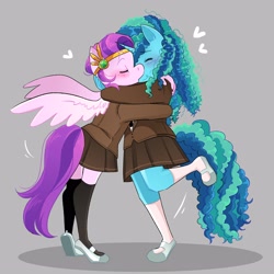 Size: 3000x3000 | Tagged: safe, artist:stevetwisp, misty brightdawn, pipp petals, pegasus, unicorn, anthro, g5, blushing, clothes, cute, female, foot popping, heart, height difference, high res, kissing, lesbian, raised leg, school uniform, ship:mistypetals, shipping, shoes, skirt, spread wings, uwabaki, wings