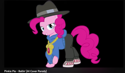 Size: 1099x641 | Tagged: safe, pinkie pie, earth pony, pony, g4, accessory, ai cover, ballin', black background, clock, hat, jewelry, looking at you, mickey mouse, rapper pie, simple background, solo, youtube, youtube link, youtube video