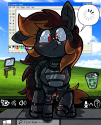 Size: 1002x1244 | Tagged: safe, artist:malachimoet, oc, oc only, oc:anima sola, gynoid, pony, robot, robot pony, blushing, boop, brown mane, cursor, desktop background, desktop ponies, eyelashes, female, fluffy, loading, loading screen, microsoft windows, mouse cursor, ms paint, noseboop, paint, pixel art, question mark, recycle bin, scrunchy face, searchbar, solo, sprite, wallpaper, windows 10, windows xp