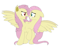 Size: 1492x1178 | Tagged: safe, artist:mlpconjoinment, fluttershy, bat pony, pegasus, pony, g4, 2d, bat ponified, conjoined, conjoined twins, cyan eyes, deviantart, duality, duo, female, floppy ears, flutterbat, gritted teeth, hissing, looking at each other, looking at someone, mare, multiple heads, open mouth, pink mane, png, race swap, red eyes, self paradox, self ponidox, simple background, spread wings, teeth, transparent background, two heads, two heads are better than one, wings, yellow skin