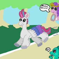 Size: 1000x1000 | Tagged: safe, artist:mintwhistle, pipp petals, sparky sparkeroni, zipp storm, dragon, pegasus, pony, g5, atg 2023, baby, baby dragon, cellphone, cheering, coat markings, confident, diadem, dialogue, encouragement, fangs, feathered fetlocks, female, flying, freckles, headband, hoof hold, jewelry, magnetic hooves, male, mare, medibang paint, motion lines, newbie artist training grounds, open mouth, open smile, phone, race, regalia, royal sisters (g5), running, sibling love, siblings, sisterly love, sisters, smartphone, smiling, socks (coat markings), speech bubble, speed lines, spread wings, tree, trio, unshorn fetlocks, wings