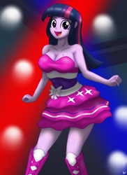Size: 2975x4092 | Tagged: safe, artist:lennondash, twilight sparkle, human, equestria girls, g4, bare shoulders, boots, breasts, busty twilight sparkle, cleavage, clothes, collarbone, dancing, dress, fall formal outfits, female, legs, looking at you, open mouth, shoes, sleeveless, sleeveless dress, smiling, solo, strapless, strapless dress, teenager, twilight ball dress