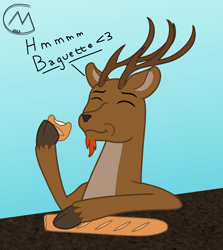 Size: 2587x2902 | Tagged: safe, artist:maître cervidé, oc, oc only, oc:renn, deer, original species, baguette, bread, eating, food, gradient background, herbivore, high res, male, solo