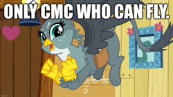 Size: 1280x720 | Tagged: safe, edit, edited screencap, screencap, gabby, griffon, g4, the fault in our cutie marks, caption, clubhouse, crusaders clubhouse, flying, image macro, implied scootaloo, solo, spread wings, text, wings