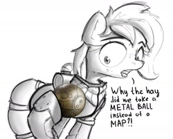 Size: 2000x1604 | Tagged: safe, artist:uteuk, oc, oc:rusty gears, pony, monochrome, shocked, simple background, sketch, solo, spacesuit, text, treasure planet, white background