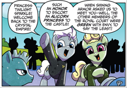 Size: 902x628 | Tagged: safe, idw, official comic, crystal pony, pony, friends forever #4, g4, my little pony: friends forever, spoiler:comic, atlantid, caryatid, comic, crystal empire, female, lipstick, mare, preview, speech bubble, unnamed character, unnamed pony