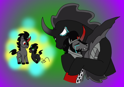 Size: 1414x1000 | Tagged: safe, artist:zetikoopa, king sombra, pony of shadows, pony, shadow pony, umbrum, unicorn, g4, brothers, colt, crying, duo, duo male, foal, headcanon, hug, male, siblings, stallion, story included, younger