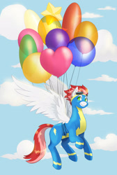 Size: 1945x2889 | Tagged: safe, alternate version, artist:erein, oc, oc only, oc:swift apex, pegasus, pony, balloon, clothes, cloud, commission, ears up, floating, flying, heart, heart balloon, looking at you, male, pegasus oc, simple background, sky, smiling, solo, uniform, wonderbolts uniform, ych result