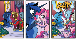 Size: 1578x825 | Tagged: safe, idw, official comic, pinkie pie, princess luna, alicorn, earth pony, pony, unicorn, friends forever #7, g4, my little pony: friends forever, spoiler:comic, female, joy buzzer, laughing, male, mare, prank, shocked, stallion, the new yorker, unnamed character, unnamed pony