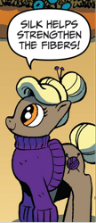 Size: 256x593 | Tagged: safe, idw, official comic, yarnette, earth pony, pony, friends forever #8, g4, my little pony: friends forever, spoiler:comic, bun, clothes, female, mare, speech bubble, sweater