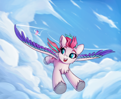 Size: 1128x924 | Tagged: safe, artist:zeepheru_pone, pipp petals, zipp storm, pegasus, pony, g5, atg 2023, chest fluff, cloud, duo, ear fluff, female, flight trail, flying, looking at someone, looking back, mare, newbie artist training grounds, open mouth, open smile, outdoors, royal sisters (g5), sibling rivalry, siblings, sisters, sky, smiling, spread wings, unshorn fetlocks, wings