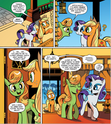 Size: 1720x1928 | Tagged: safe, artist:andy price, idw, official comic, applejack, citrus hills, rarity, earth pony, pony, unicorn, friends forever #8, g4, my little pony: friends forever, spoiler:comic, apple family member, female, kale family, male, mare