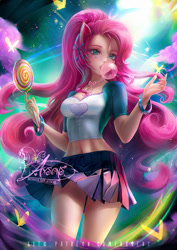 Size: 848x1200 | Tagged: safe, artist:axsens, pinkie pie, butterfly, human, g4, alternate hairstyle, belly button, breasts, bubblegum, busty pinkie pie, candy, cleavage, clothes, eared humanization, female, food, gijinka, gum, humanized, lollipop, midriff, shirt, skirt, solo, t-shirt, upskirt