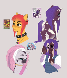 Size: 2048x2377 | Tagged: safe, artist:aztrial, idw, cherry (g5), mariama, violette rainbow, human, pegasus, pony, unicorn, zebra, g5, bag, blushing, clothes, collar, crying, dark skin, dreadlocks, ear piercing, earring, female, filly, foal, grin, high res, humanized, jewelry, markings, neck rings, necklace, nonbinary, open mouth, overalls, piercing, raised hoof, screencap reference, shirt, simple background, smiling, spiked collar, t-shirt, tears of joy, trio, unshorn fetlocks, vitiligo, white background