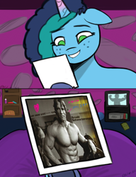 Size: 728x949 | Tagged: safe, artist:glim_gg, misty brightdawn, human, pony, unicorn, g5, arnold schwarzenegger, crush, female, freckles, grin, human fetish, irl, irl human, male, mare, photo, smiling, television