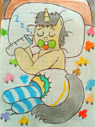 Size: 1391x1866 | Tagged: safe, artist:bitter sweetness, oc, oc only, oc:bitter sweetness, pony, unicorn, abdl, adult foal, baby blanket, baby bottle, bed, clothes, colored background, diaper, diaper fetish, eyes closed, fetish, graph paper, hooves, mattress, non-baby in diaper, onomatopoeia, pacifier, pillow, poofy diaper, sleeping, socks, solo, sound effects, striped socks, traditional art, zzz