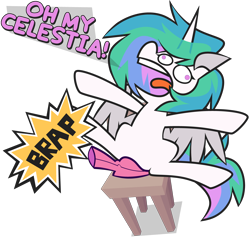Size: 4960x4696 | Tagged: safe, artist:threetwotwo32232, princess celestia, alicorn, pony, g4, chair, dialogue, female, implied farting, majestic as fuck, mare, onomatopoeia, reaction to own portrayal, shaped like itself, simple background, sound effects, transparent background, whoopee cushion