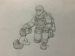 Size: 4032x3024 | Tagged: safe, artist:farofeiro, derpibooru exclusive, human, pony, armor, backpack, balaclava, boots, bulletproof vest, clothes, crouching, cute, drawing, female, head pat, holster, male, military, military uniform, monochrome, paper, pat, pencil drawing, photo, shading, shoes, simple background, sitting, traditional art, uniform, watermark