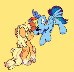 Size: 2048x1983 | Tagged: safe, artist:beaglescouts, applejack, rainbow dash, earth pony, pegasus, pony, g4, cute, eyes closed, female, lesbian, nuzzling, ship:appledash, shipping, simple background, unshorn fetlocks, yellow background