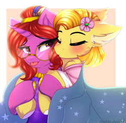 Size: 3442x3350 | Tagged: safe, artist:2pandita, oc, oc only, pony, unicorn, blushing, cape, clothes, duo, ear fluff, flower, flower in hair, glasses, high res, hug, tongue out
