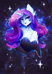 Size: 1600x2255 | Tagged: safe, artist:koveliana, rarity, unicorn, anthro, g4, black dress, breasts, bust, busty rarity, chest fluff, cleavage, clothes, dress, evening gloves, gloves, jewelry, lidded eyes, long gloves, necklace, pearl necklace, portrait, smiling, solo