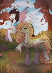 Size: 1280x1811 | Tagged: safe, artist:alicetriestodraw, oc, oc only, pegasus, pony, duo, headphones, leaves, tree, unshorn fetlocks