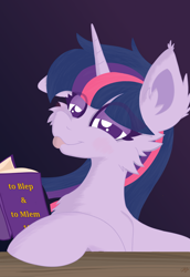 Size: 1732x2516 | Tagged: safe, artist:kotwitz, artist:vinyvitz, derpibooru exclusive, twilight sparkle, pony, unicorn, g4, :p, abstract background, book, cheek fluff, chest fluff, colored pupils, cute, ear fluff, eye clipping through hair, female, floppy ears, fluffy, gradient background, looking at you, mare, mlem, multicolored hair, one ear down, signature, silly, solo, tongue out, twiabetes