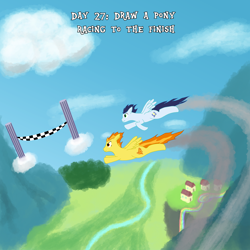 Size: 4000x4000 | Tagged: safe, artist:khazard, soarin', spitfire, pegasus, pony, g4, rainbow falls, absurd resolution, atg 2023, cliff, cloud, female, finish line, flight trail, flying, house, male, mare, mountain, newbie artist training grounds, race, river, scenery, stallion, text, water